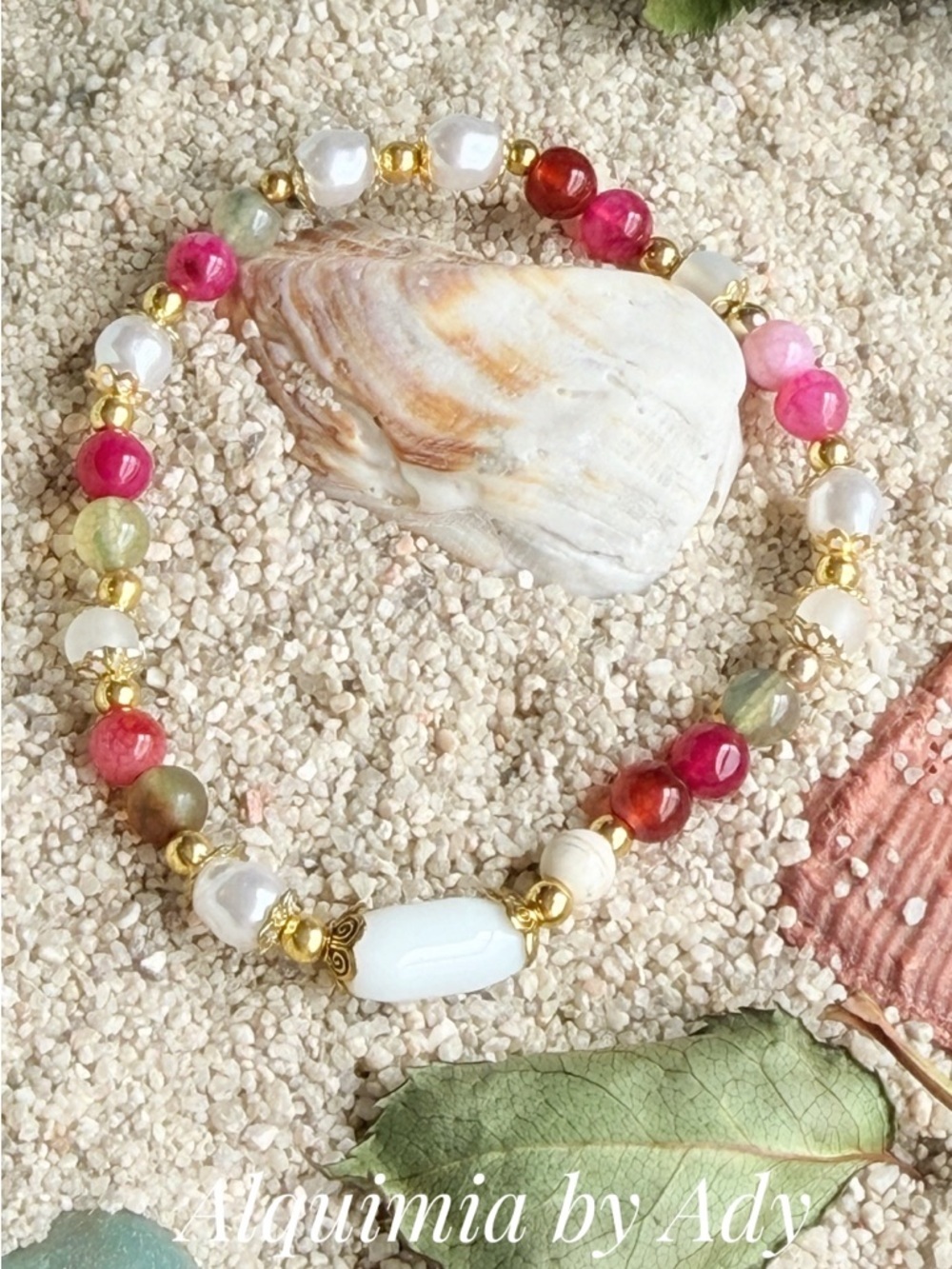 INDIAN AGATE Pink, White & Gold Mixed Bead Stretch Bracelet